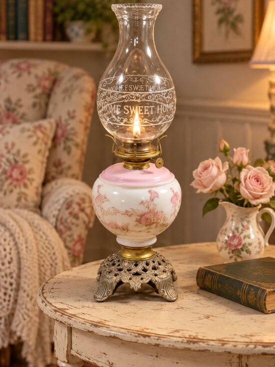 Other - Vintage Milk Glass Kerosene Oil Lamp Floral Pink Cast Iron Base Home Sweet Home